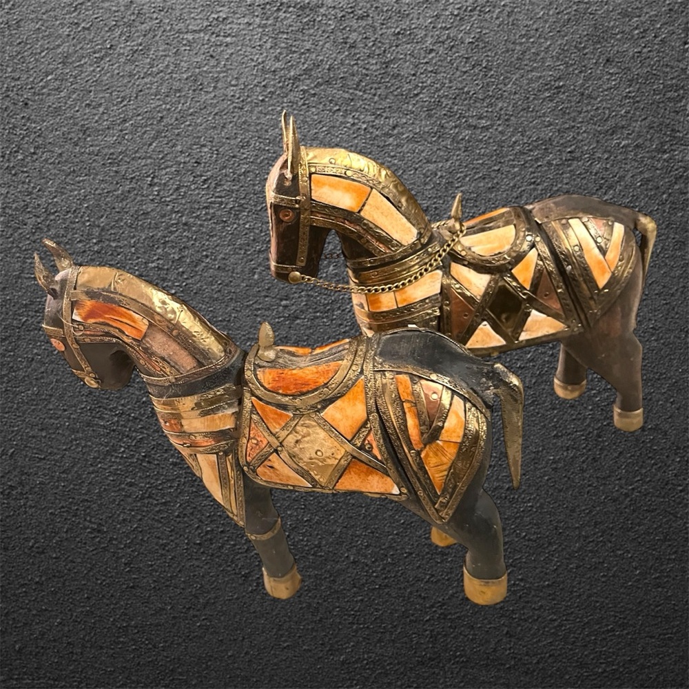 Pier 1 Egyptian War Horses Whittled From Black Wood w Copper, Brass & Seashells